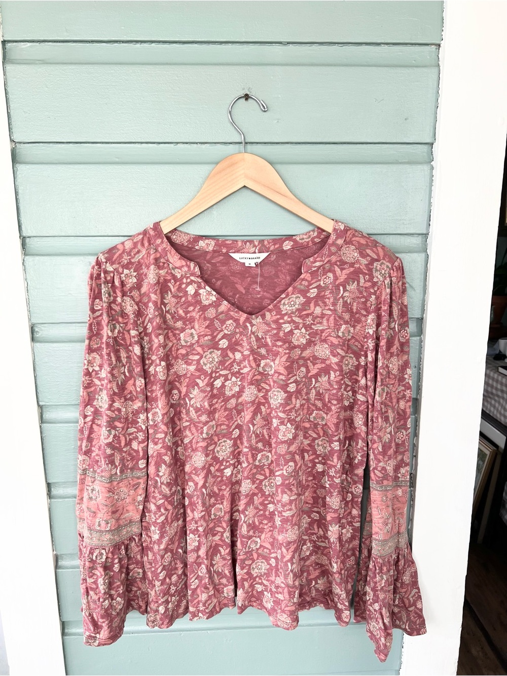 Lucky brand pink floral boho bell sleeve blouse cotton modal fall size medium